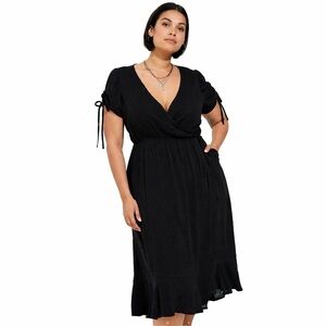 Torrid 3X Challis Smocked Midi Dress black 0694 unlined  surplice plus